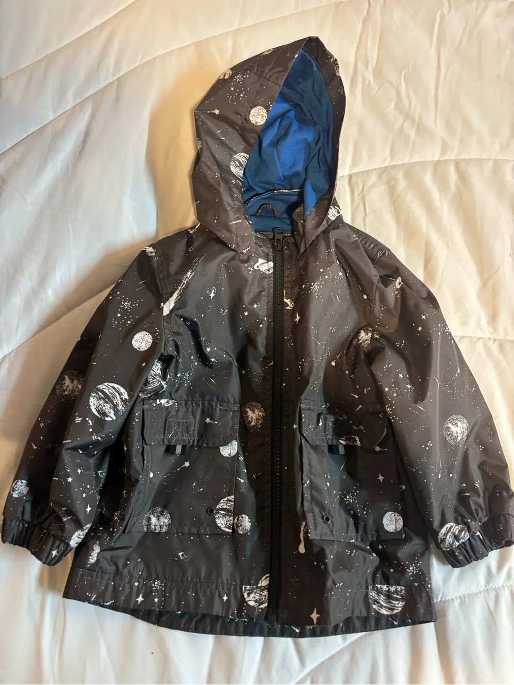 Carter's Black Hooded Raincoat with Space Planet Print, hood, & pockets size 24m
